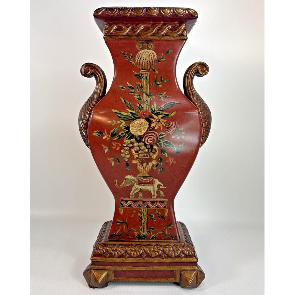 Raymond Waites Toyo Elephant Vase Ornate Floral Mantel Asian Decor Oxblood Red